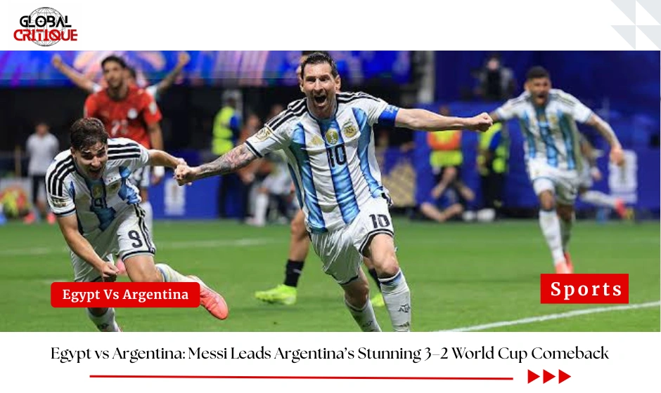 Argentina players celebrate after completing a dramatic 3–2 comeback victory over Egypt in the FIFA World Cup 2026
